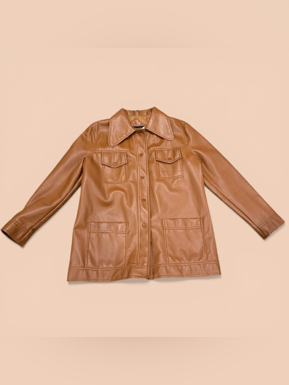 Vintage 70s Women's Caramel Brown Faux Leather Button-Front Jacket‎